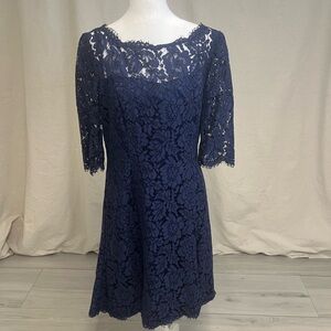 Eliza J Women's Navy Floral Embroidered Lace Cocktail Midi Dress Sz 10